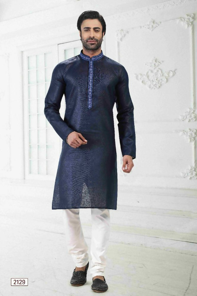 Raivat Ethnic Linen Cotton Thread Work Kurta Pajama In Blue Colour | Grocsy