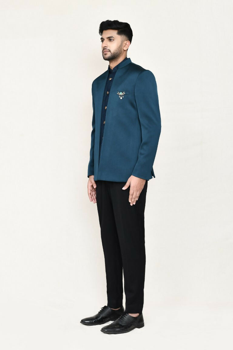 Joban Fashion Green Colored Imported Polyester Fabric Open Prince Coat, Jacket With Pant | Grocsy