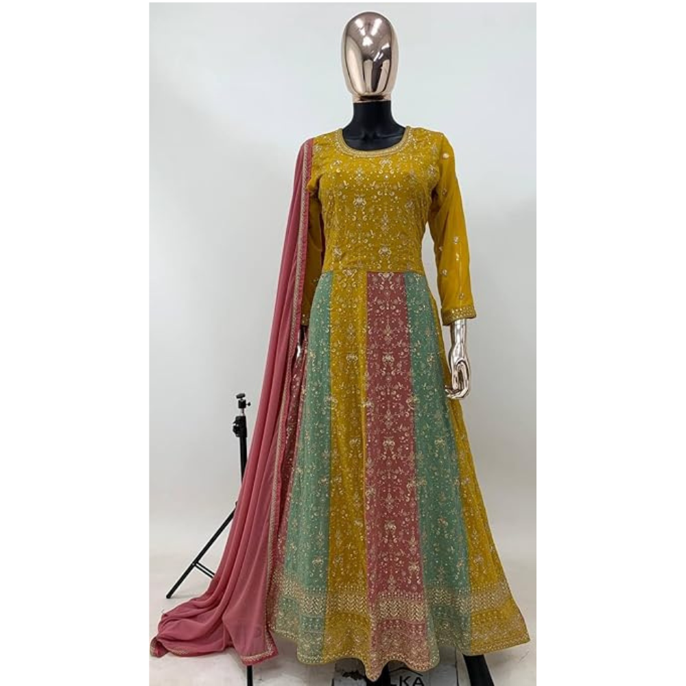 Teeya Creation Multi Colour Faux Georgette Heavy Embroidery Sequence Work Fully Stitched Salwar Suit (Gown & Dupatta) | Grocsy