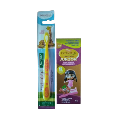 Patanjali Oral Care Combo (Dant KantiJunior Dental Cream 100GM + Junior Tooth Brush) | Grocsy