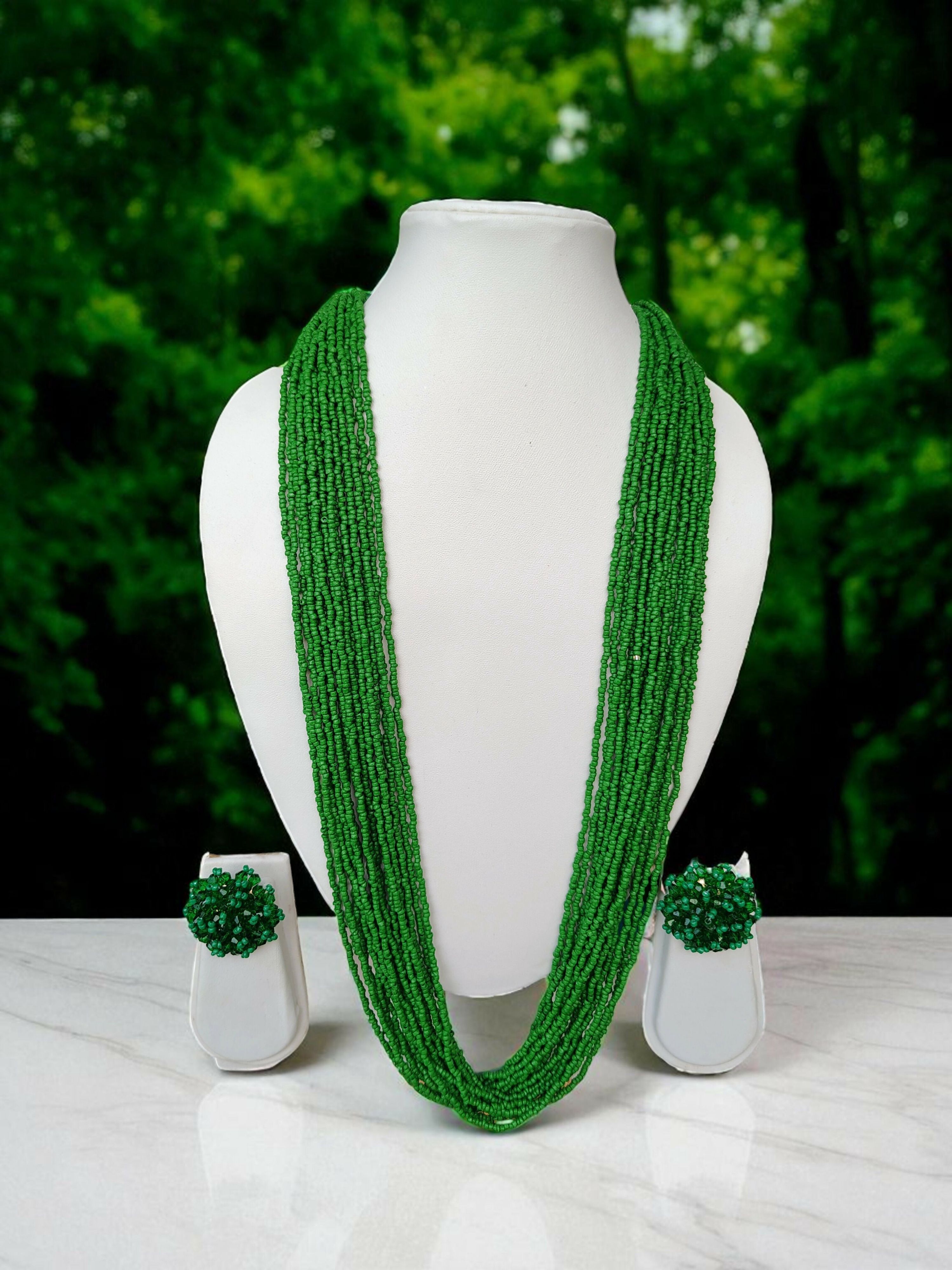 Inhanns Rangsaaz 20-Layer Luxe Long Beaded Necklace (With Optional Statement Earrings) - Green With Earring | Grocsy