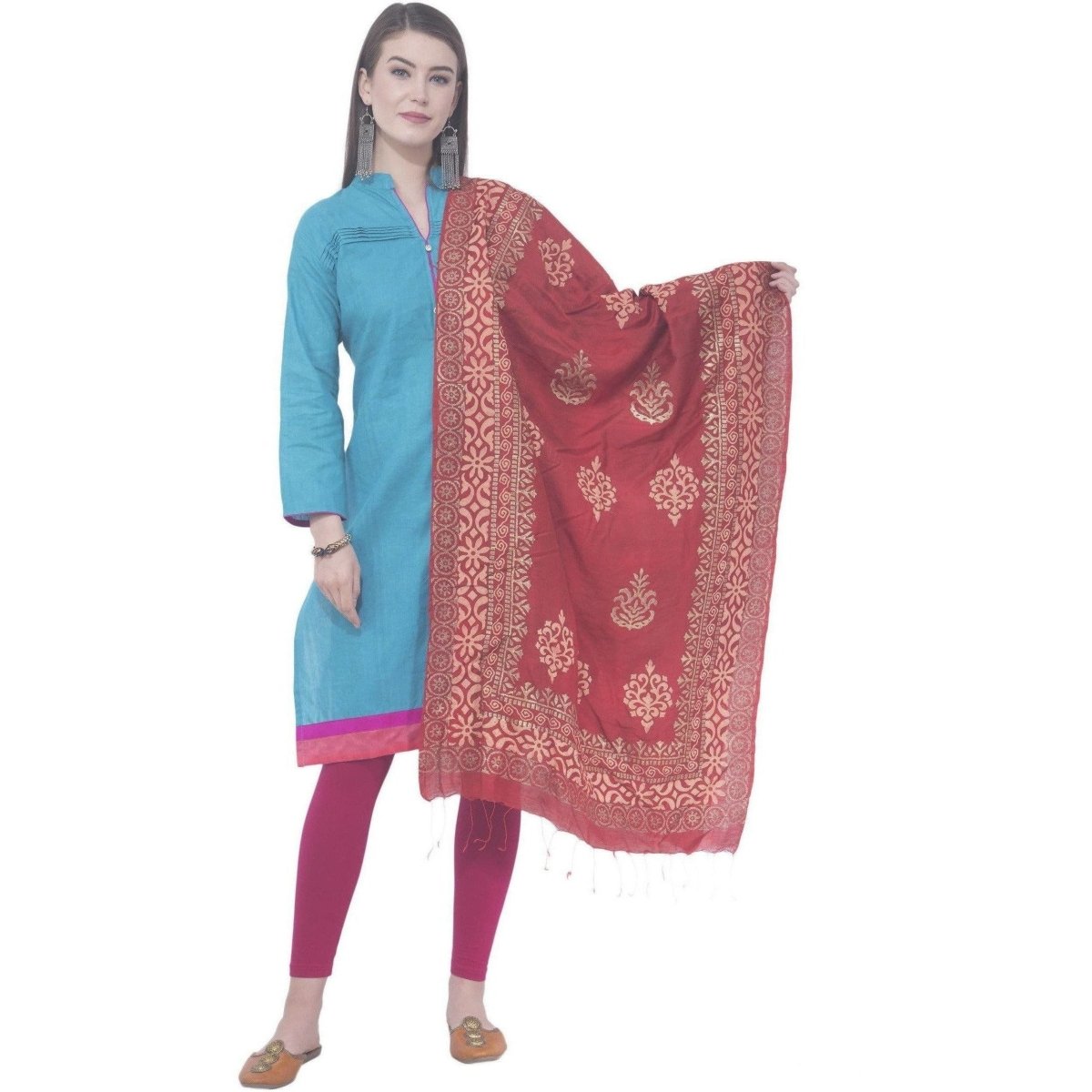 A R Silk Mehroon Color Chanderi Gold Print Chanderi Cotton Dupattas and Chunnis | Grocsy