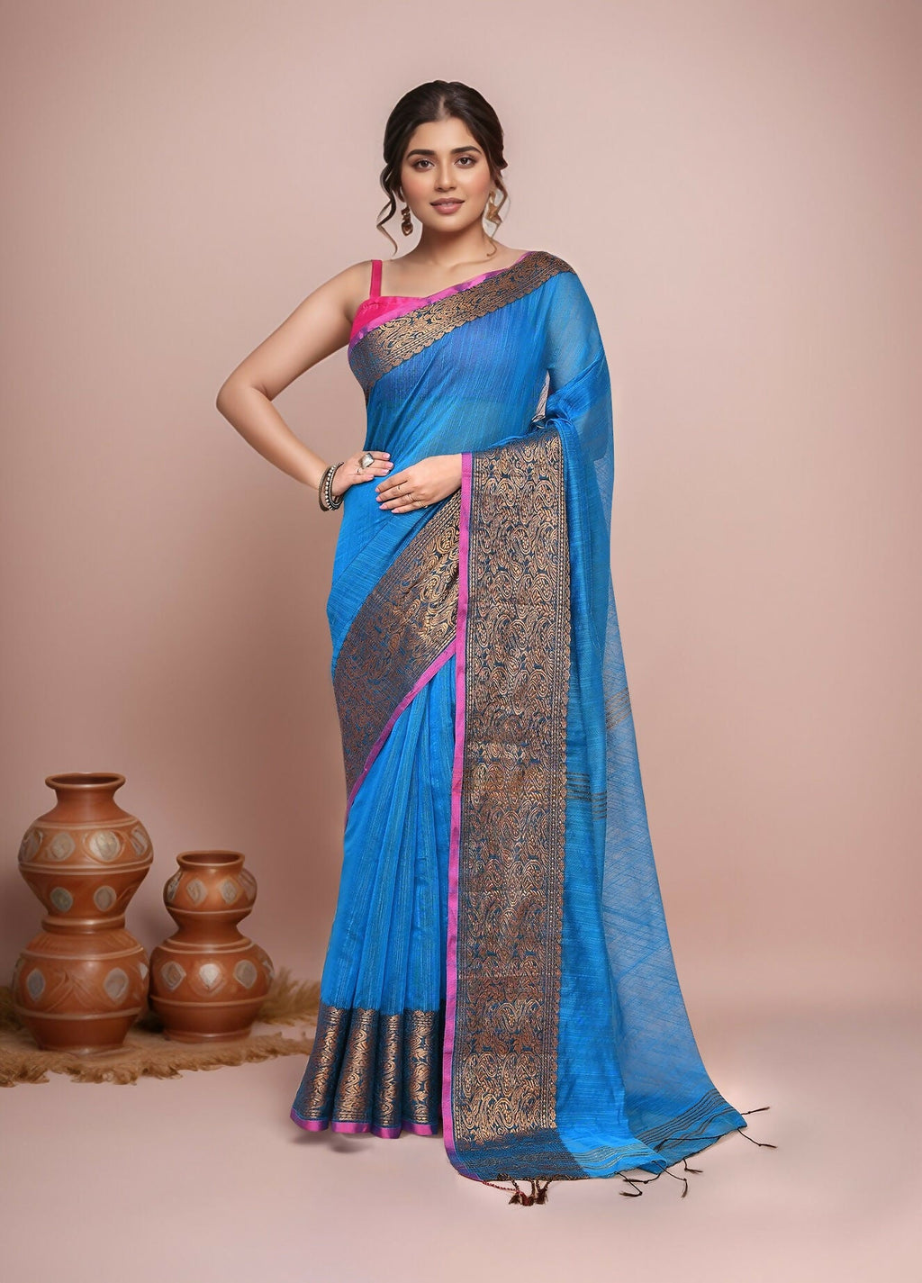 Joban Fashion Blue Cotton Blend Handloom Saree | Grocsy