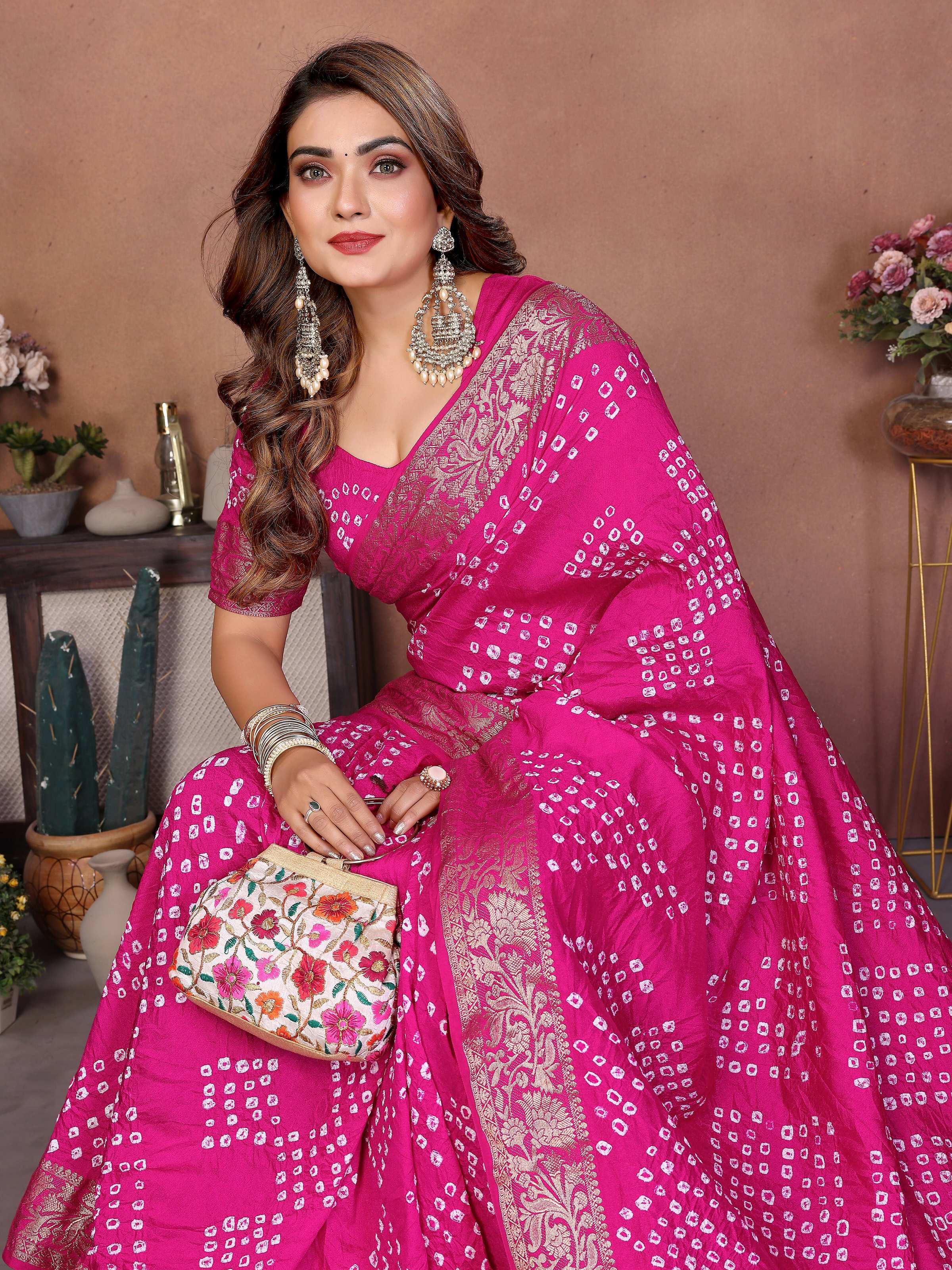 Aastha Fashion Pink Pure Dola Silk Handmade Original Bandhej Saree | Grocsy