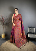 Elora Burgundy Pashmina Silk Meenakari Weaving Madhubani Design Kashmiri Saree | Grocsy