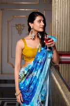 Vastranavya Sea Blue Satin Silk Printed Saree with Hotfix Work Unstitched Blouse | Grocsy