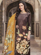 Jyoti Fashion Women's Brown Velvet Floral Digital Printed Kurta with Trouser & Dupatta | Grocsy