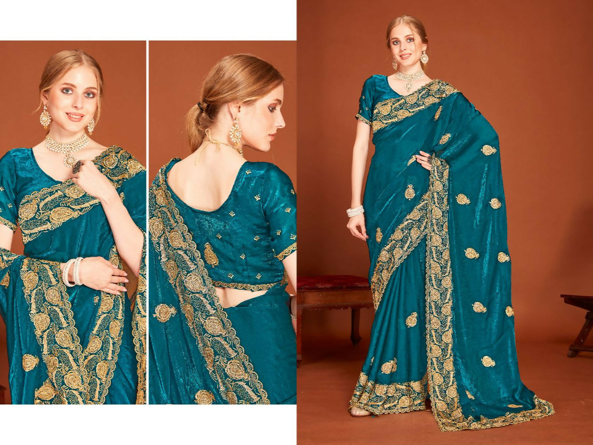 PR Fashion Morpeth Fendi Two Tone Silk Heavy Zari Embroidery Work With Zircon Work Saree | Grocsy