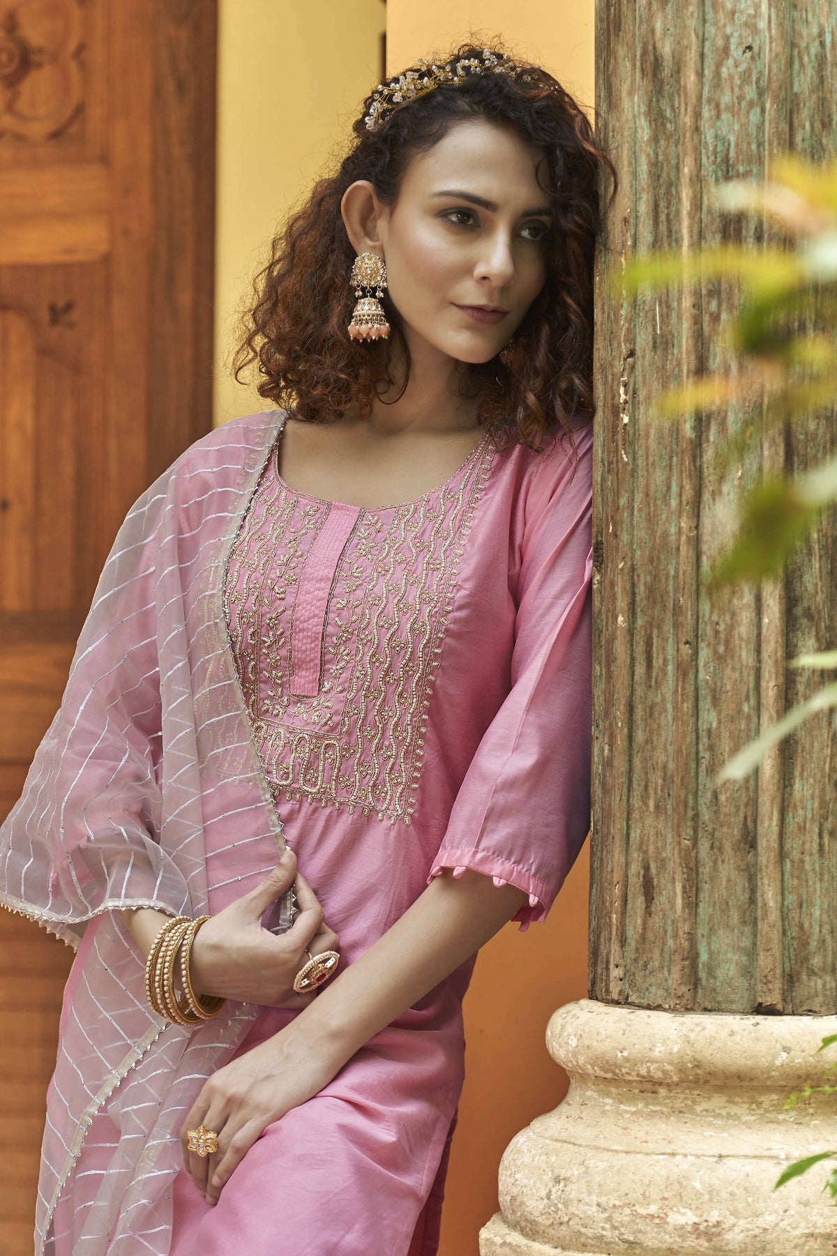 Pink Chinon Embroidered Kurta and Bottom with Dupatta - Akashara | Grocsy