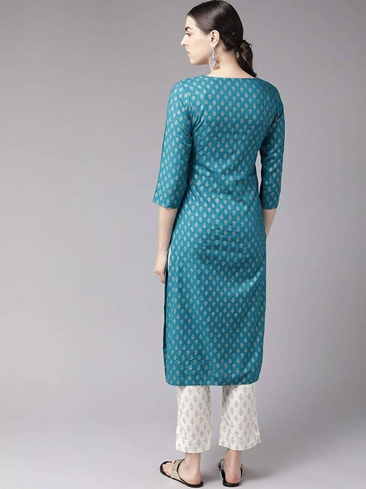 Yufta Women Teal Blue & Golden Printed Kurta with Trouser | Grocsy