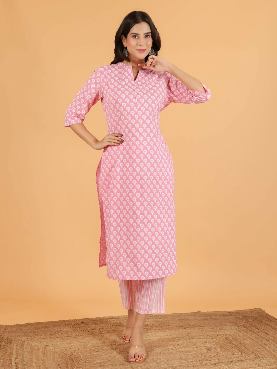 Aramya Pink Soft Cotton Floral Print Straight Kurta Pant Set for Women | Grocsy