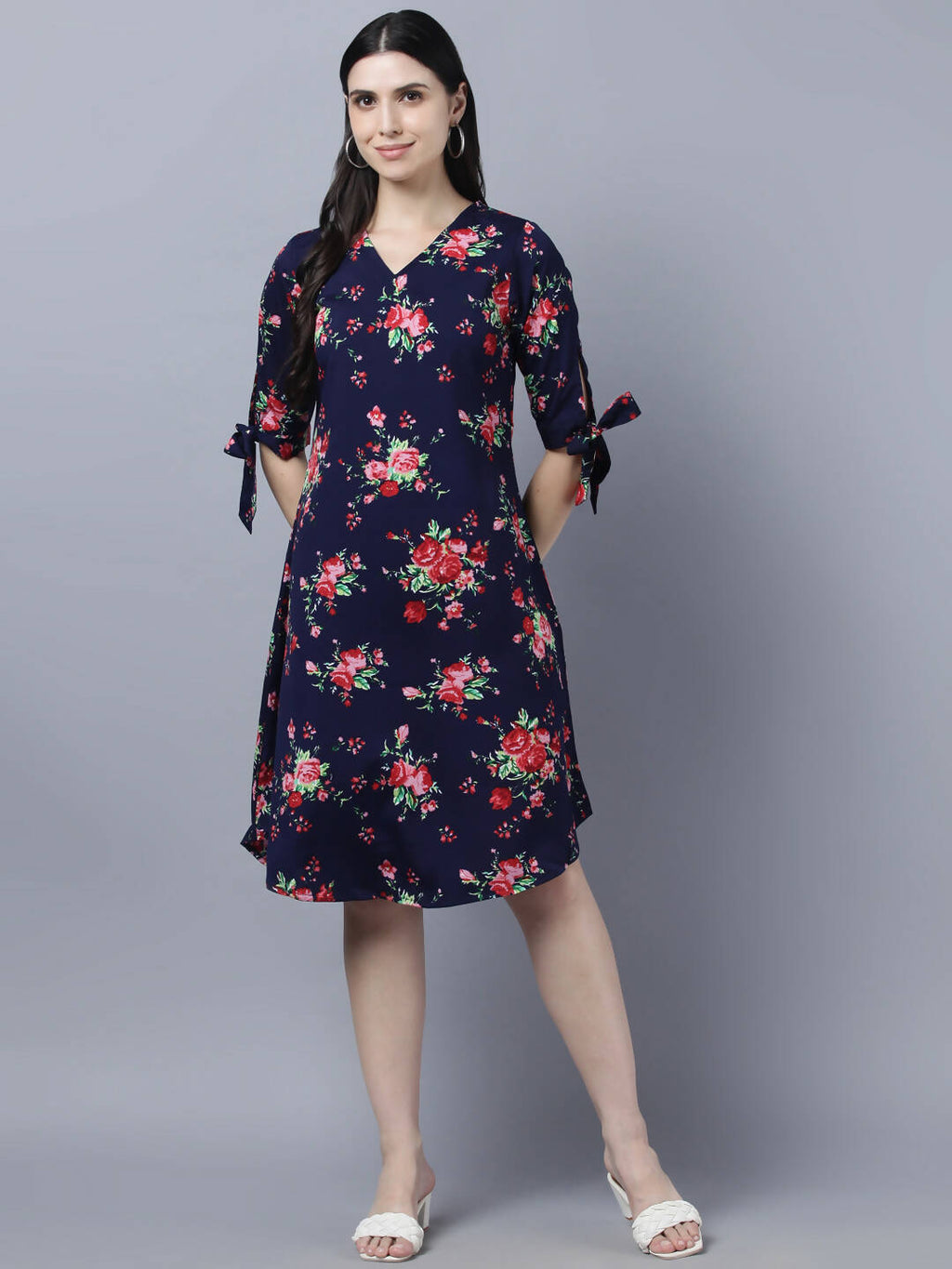 Myshka Women Navy Blue Pink Floral Print A-line Dress | Grocsy