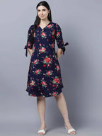 Myshka Women Navy Blue Pink Floral Print A-line Dress | Grocsy
