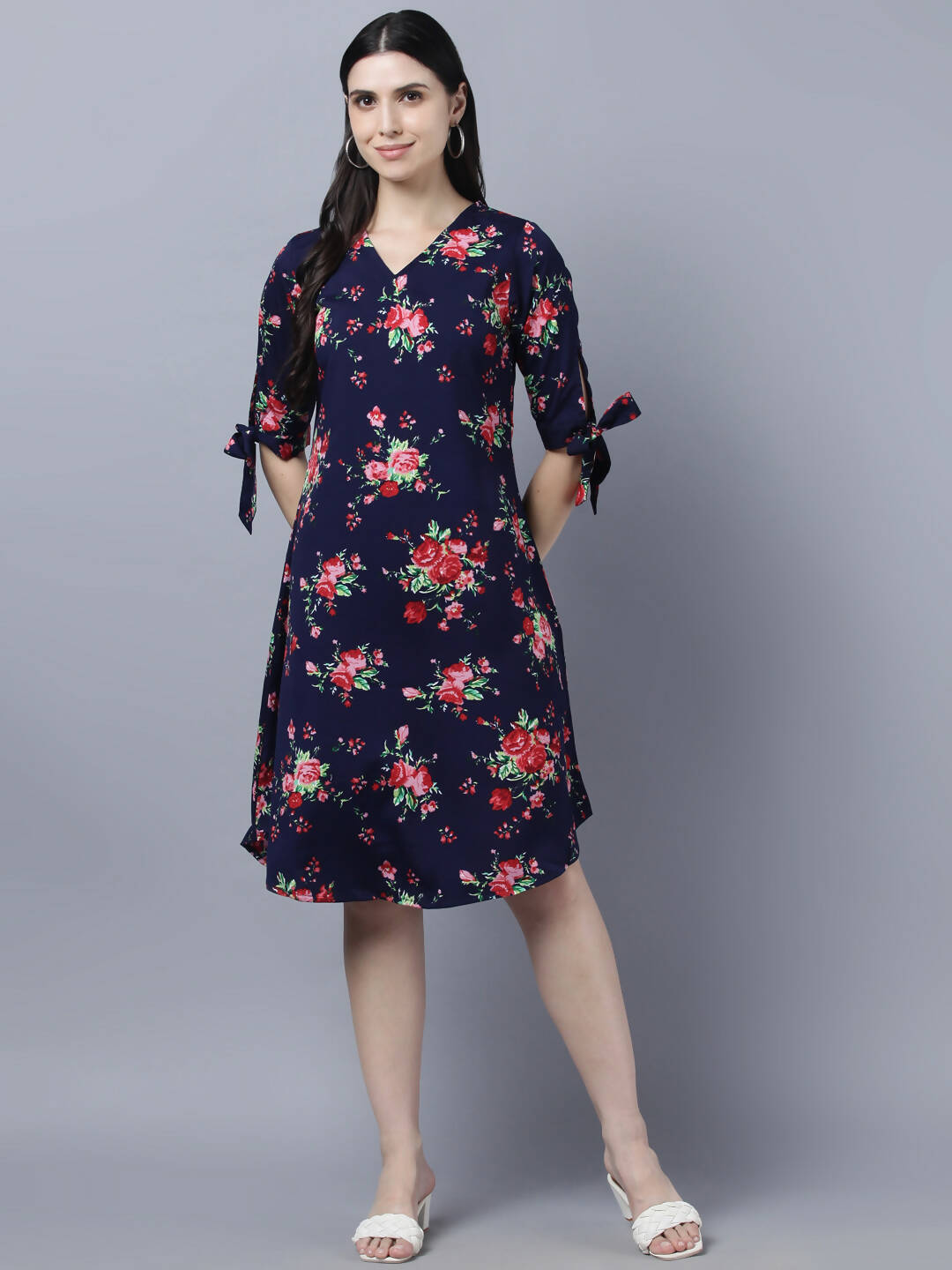 Myshka Women Navy Blue Pink Floral Print A-line Dress | Grocsy