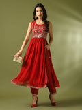 Myshka Women's Red Embroidered Georgette Anarkali Party Kurta Set | Grocsy
