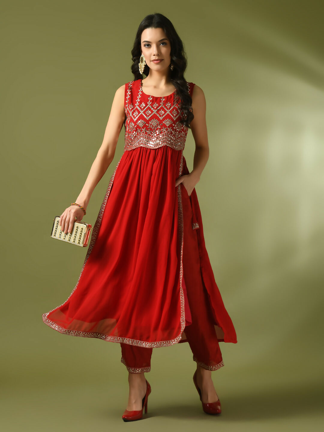 Myshka Women's Red Embroidered Georgette Anarkali Party Kurta Set | Grocsy