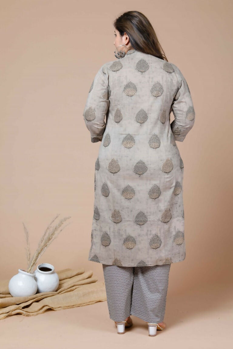 Miravan Women's Plus Size Beige Printed Gota Patti Pure Cotton Kurta With Palazzo | Grocsy
