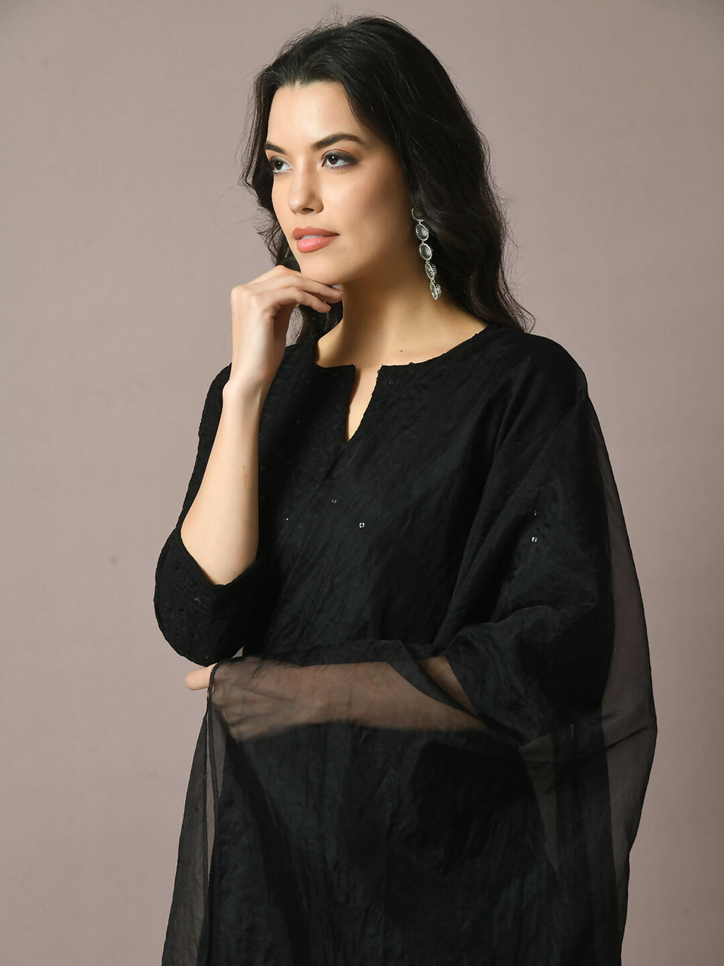 Myshka Women's Black Embroidered Cotton Straight Party Kurta Set With Dupatta | Grocsy