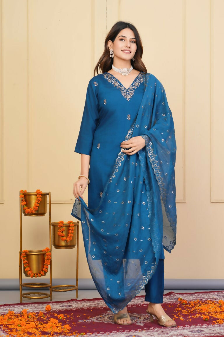 Rama Viscose Chanderi Embroidered Stitched Suit With Dupatta - Tanisha | Grocsy