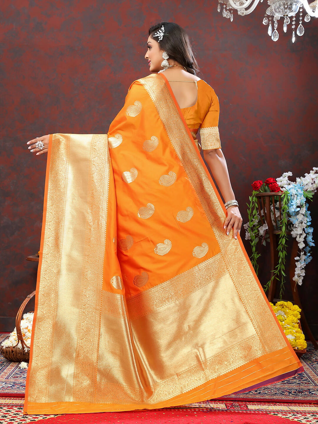 Lorenvalley Fashion Orange Soft Silk Woven Design Gold Zari Weaving Saree | Grocsy