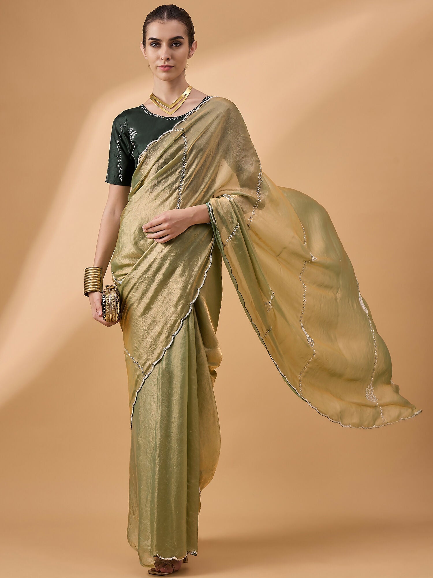 Green Muslin Embroidered Saree with Unstitched Blouse Piece - Satya | Grocsy