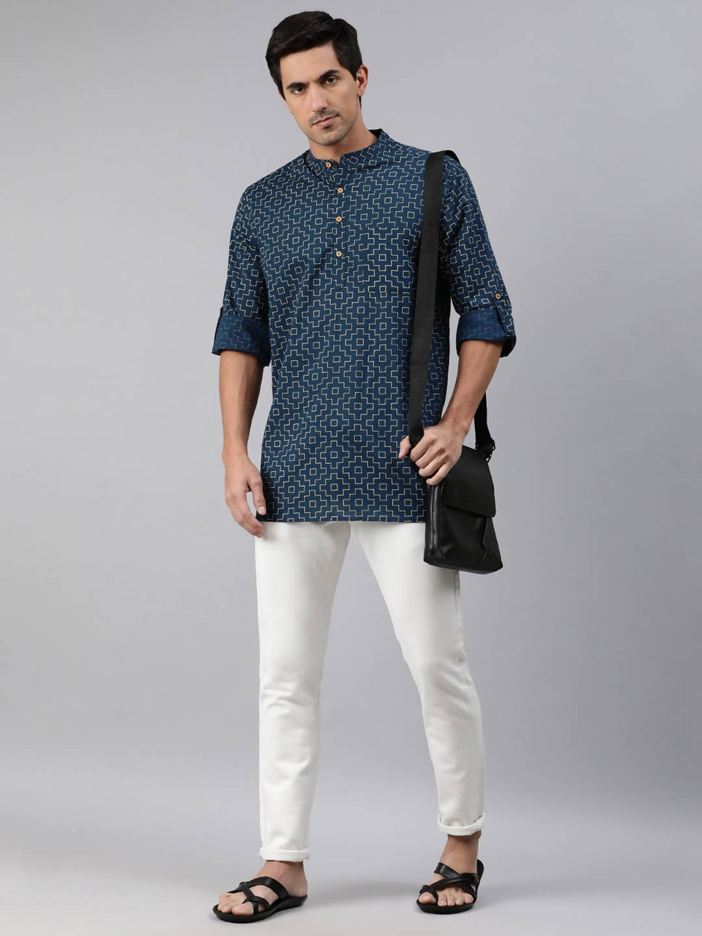 Janasya Men Navy Blue & Yellow Geometric Printed Kurta | Grocsy