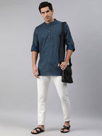 Janasya Men Navy Blue & Yellow Geometric Printed Kurta | Grocsy