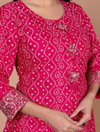 Miravan Women's Plus Size Pink Bandhani Pakistani Straight Kurti | Grocsy