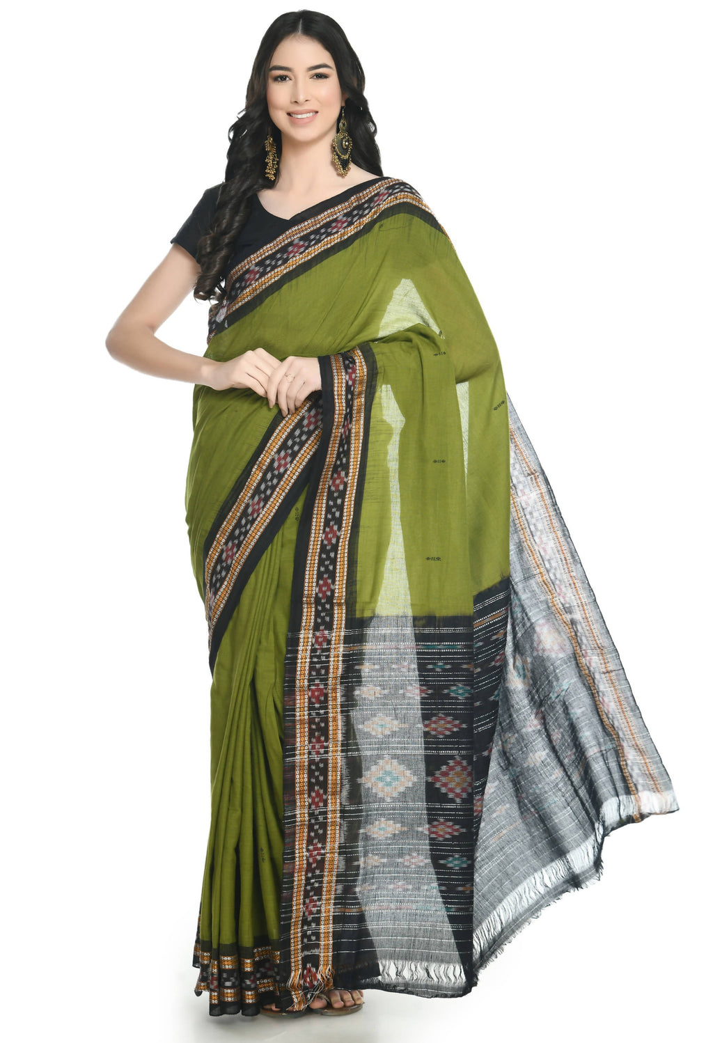 Vamika Sambalpuri Ikat Cotton Rekhabala Buti Green & Black Saree | Grocsy