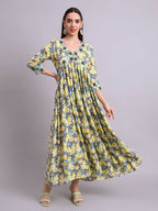 Joban Fashion Yellow Cotton Floral Printed & Embroidery Work Anarkali Dress With Dupatta Set | Grocsy