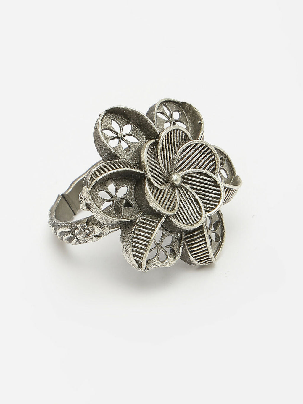 NVR Women's Silver-Toned Floral Shape Adjustable Finger Ring | Grocsy