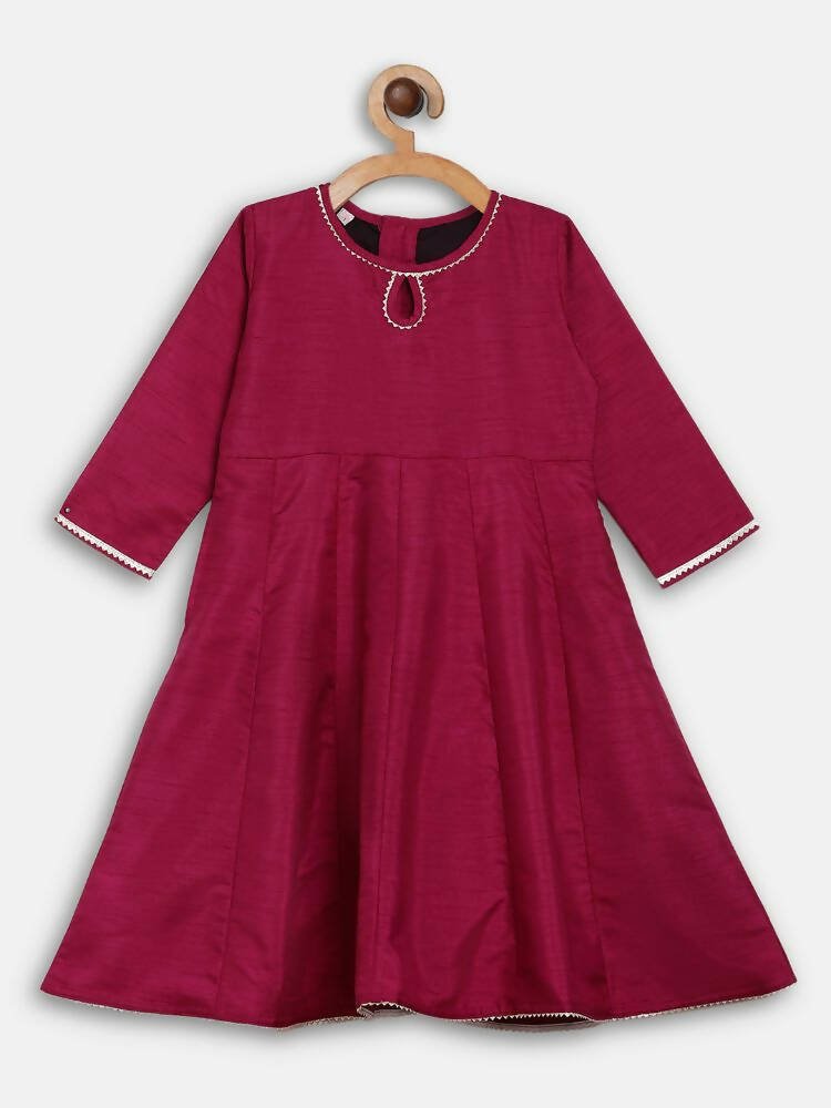Ahalyaa Wine Poly Silk Curved Kids Kurta Palazzo Set With Bottom For Girls | Grocsy
