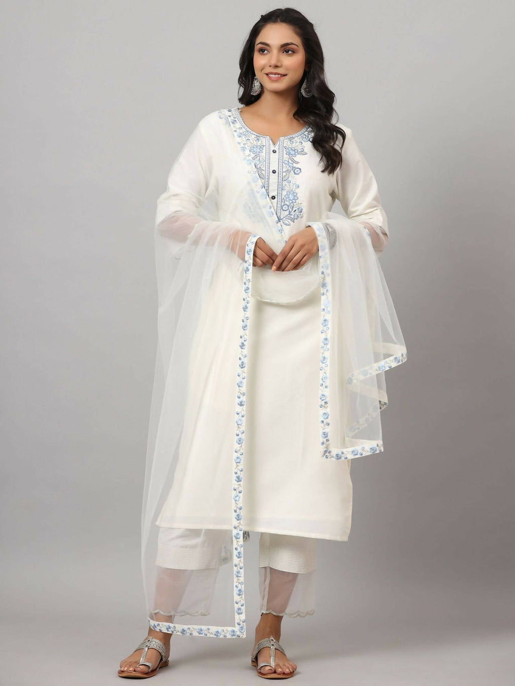 Juniper Women's White Chinnon Solid Embroidered Kurta Set | Grocsy