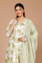 Miravan Women's Green Printed Anarkali Kurta With Palazzo And Dupatta | Grocsy