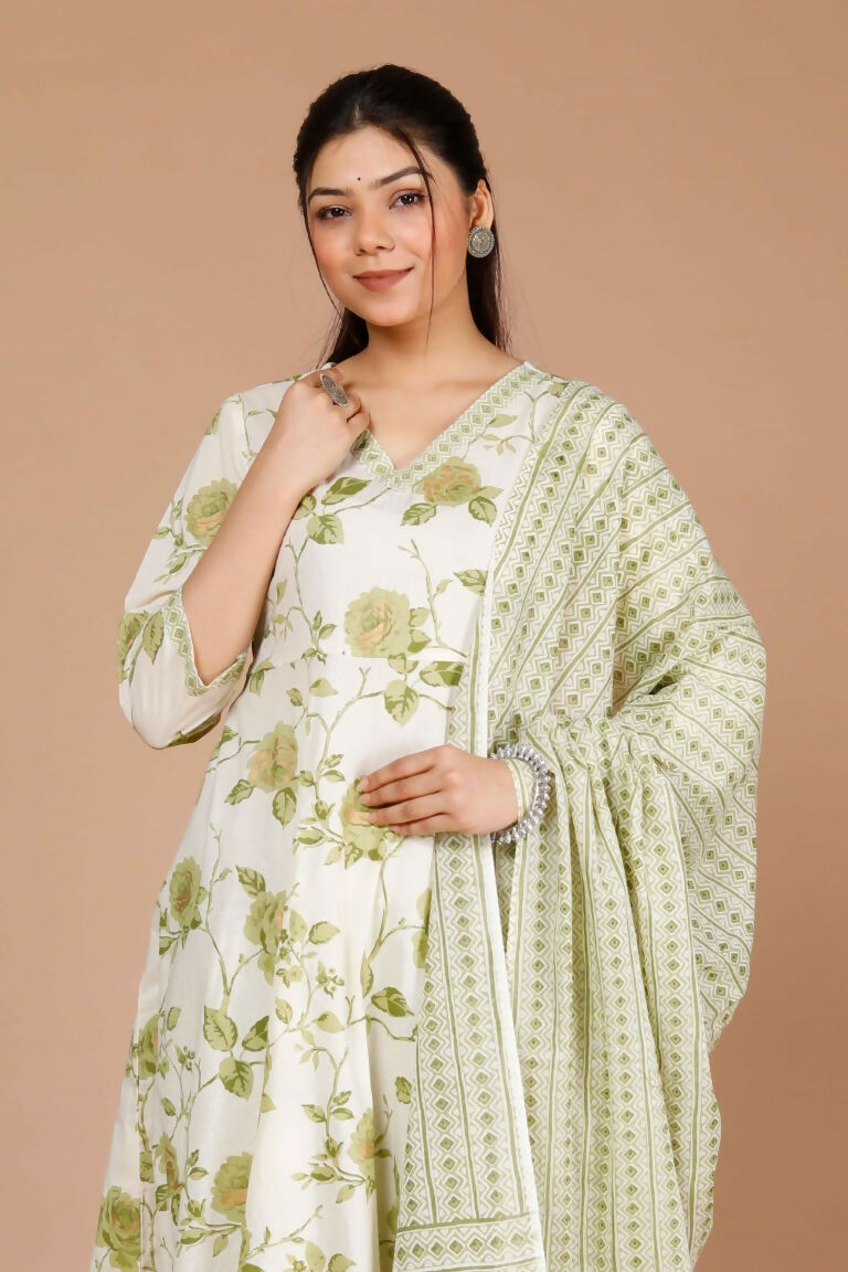 Miravan Women's Green Printed Anarkali Kurta With Palazzo And Dupatta | Grocsy