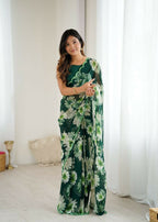 PR Fashion Green Georgette Printed With Mirror Work Saree | Grocsy