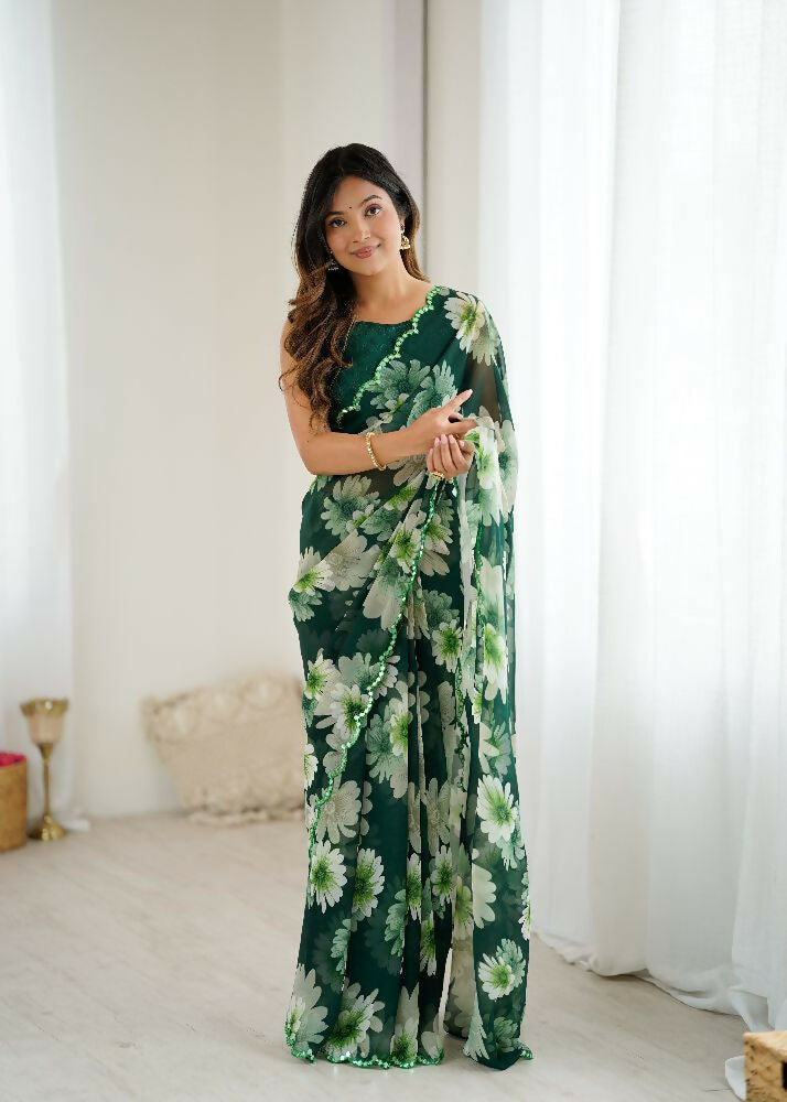 PR Fashion Green Georgette Printed With Mirror Work Saree | Grocsy