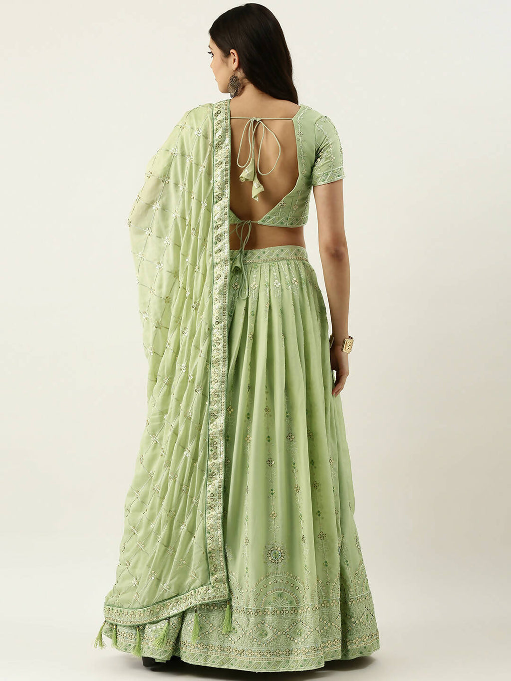 House of Panchhi Pista Green Pure Georgette Embroidered Lehenga & Blouse, Dupatta | Grocsy