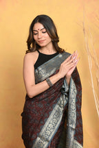Very Much Indian Modal Silk Ajrakh Handblock Printed Natural Dyes With Designer Border Saree - Dark Maroon | Grocsy