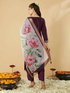 The52 Women's Beautiful Chanderi Silk Fabric Embroidery Work Straight Kurta Pant and Dupatta Set | Grocsy