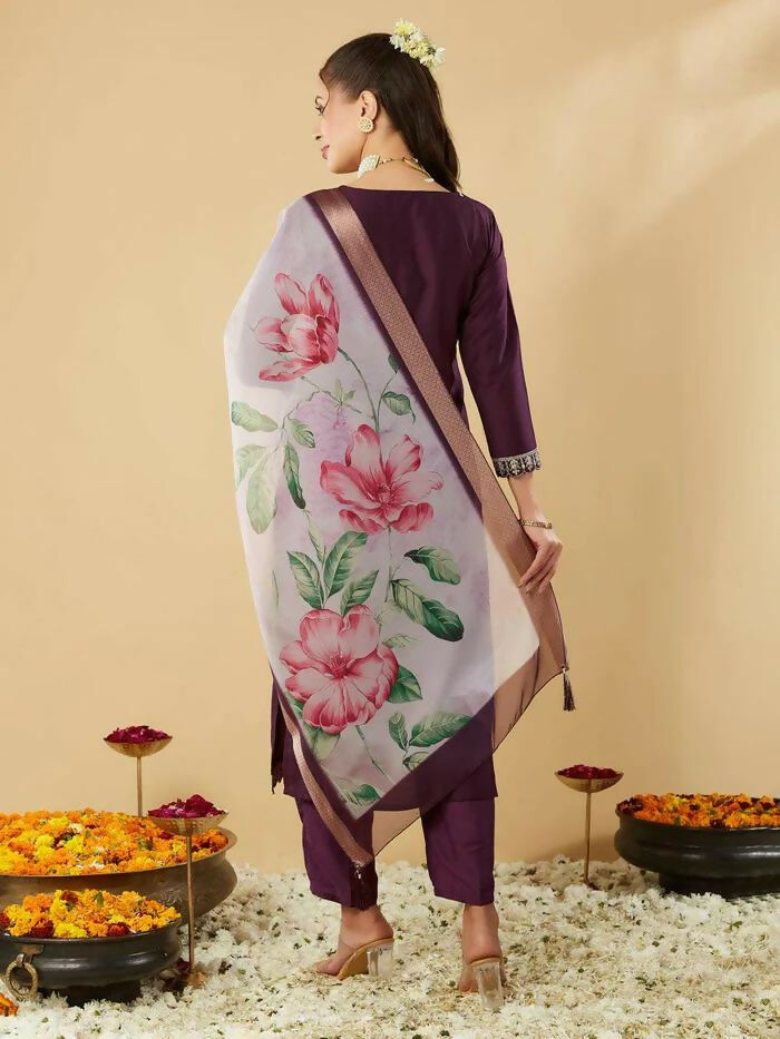 The52 Women's Beautiful Chanderi Silk Fabric Embroidery Work Straight Kurta Pant and Dupatta Set | Grocsy