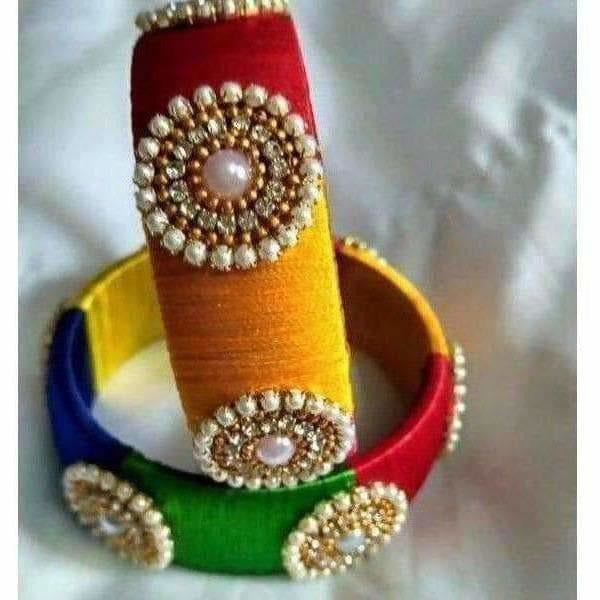 Multi Color Threaded with Multi Color Beads - Set of 2 Bangles | Grocsy