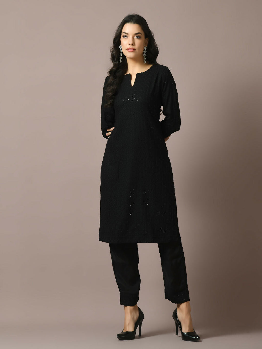 Myshka Women's Black Embroidered Cotton Straight Party Kurta Set | Grocsy