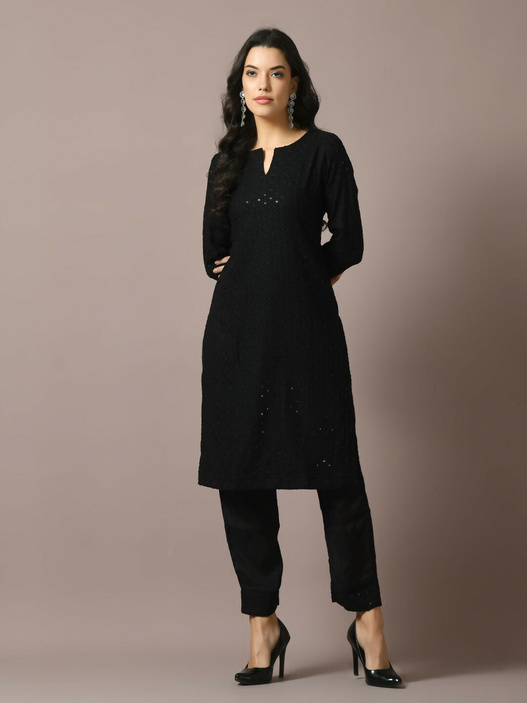 Myshka Women's Black Embroidered Cotton Straight Party Kurta Set | Grocsy