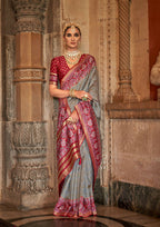 Silver Grey Banarasi Weaving, Ultra Aqua Finish, Zari Work Banarasi Silk Saree - Rath Kunti | Grocsy