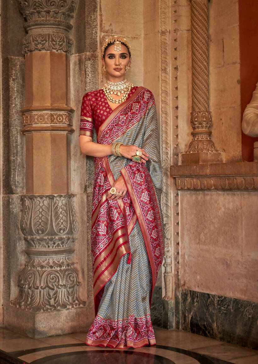 Silver Grey Banarasi Weaving, Ultra Aqua Finish, Zari Work Banarasi Silk Saree - Rath Kunti | Grocsy