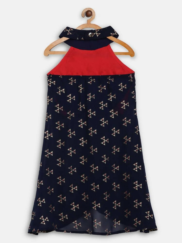 Ahalyaa Navy Printed Chanderi Silk Kids Kurta With Pant For Girls | Grocsy
