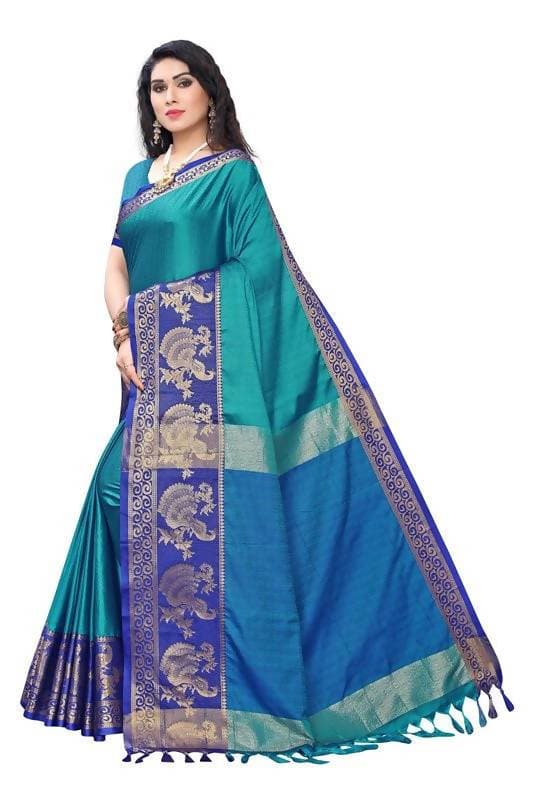 Vamika Banarasi Jacquard Weaving Blue Saree (DHONI BLUE) | Grocsy