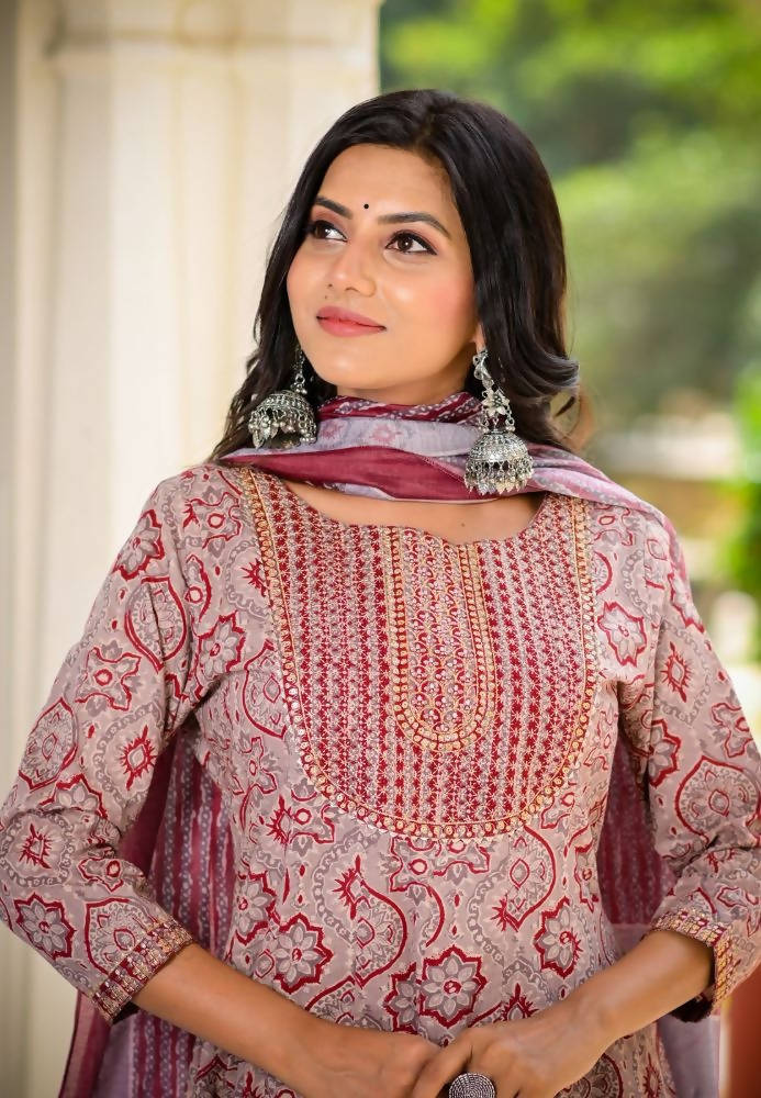 Yufta Women Maroon Printed Kurta with Palazzo and Dupatta | Grocsy
