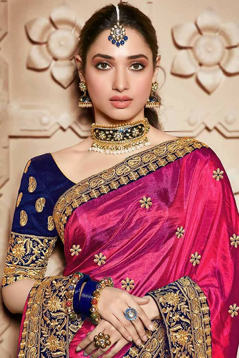 Vamika Pink Embroidery Sana Silk Saree | Grocsy